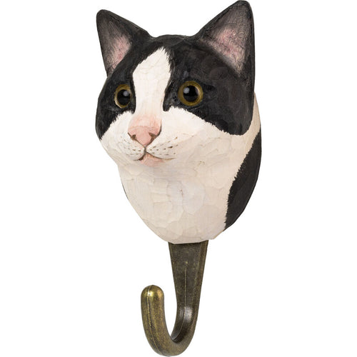 Hand Carved Black and White Cat Hook