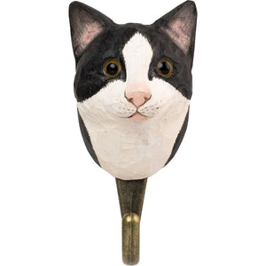 Hand Carved Black and White Cat Hook