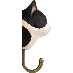 Hand Carved Black and White Cat Hook